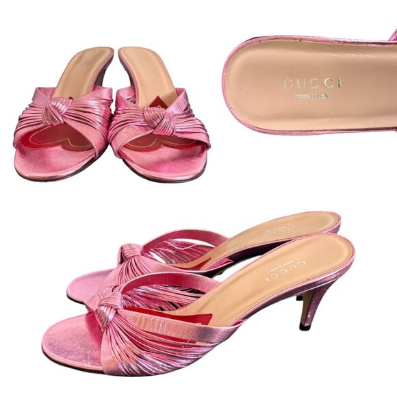AUTHENTIC GUCCI HEELS PINK METALLIC LEATHER STRAPPY KITTEN SANDALS 7/37 EUC - Picture 3 of 7